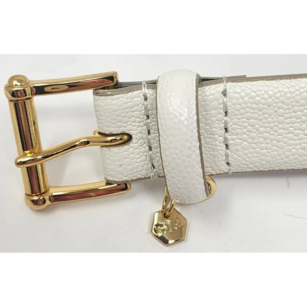 Lauren Ralph Lauren Leather Belt Women's XL Ivory Gold Buckle Logo Charm